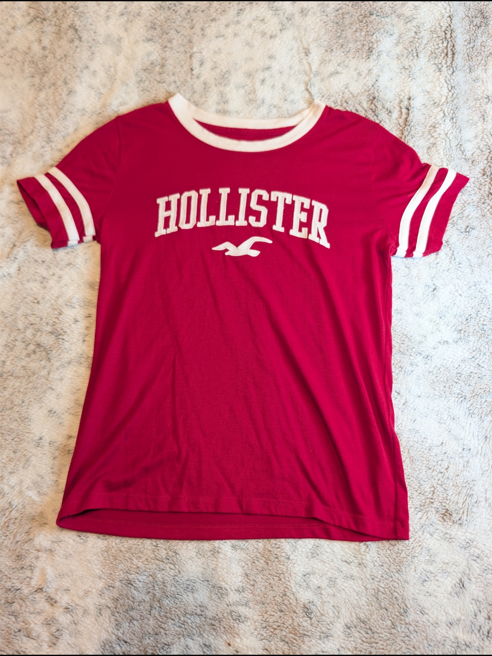Y2K Hollister Contrast Crewneck Ringer Tee Red White Graphic Top Size XS